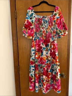 Smocked Square-Neck Midi Dress in Pink Floral